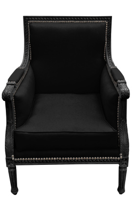 Large Bergère armchair Louis XVI style black velvet and black wood