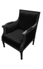 Large Bergère armchair Louis XVI style black velvet and black wood
