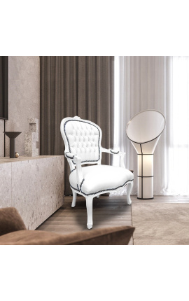 Armchair Louis XV style false white skin leather and white lacquered wood 