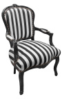 Fauteuil baroque de style Louis XV rayé noir et blanc et bois noir