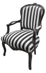 Fauteuil baroque de style Louis XV rayé noir et blanc et bois noir