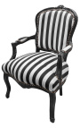 Fotel w stylu barokowym w stylu Ludwika XV w paski z czarno-białej tkaniny i czarnego lakierowanego drewna 