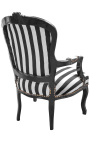 Barocker Sessel aus schwarz-weiß gestreiftem Stoff im Louis-XV-Stil und schwarz lackiertem Holz 