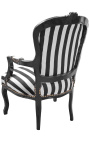 Baroque armchair of Louis XV style stripped black and white fabric and black lacquered wood 