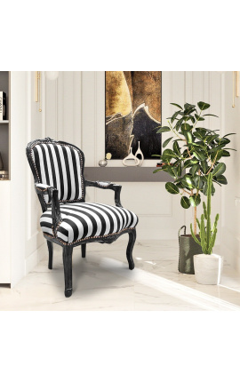 Baroque armchair of Louis XV style stripped black and white fabric and black lacquered wood 