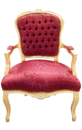Barokinis Liudviko XV stiliaus fotelis su raudonu bordo satino audiniu ir paauksuota mediena