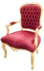 Barokowy fotel w stylu Ludwika XV z czerwoną satynową tkaniną i złoconym drewnem