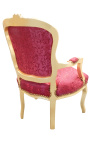 Fauteuil baroque de style Louis XV satiné rouge dossier capitonné et bois doré