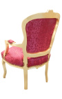 Poltrona barocca in stile Luigi XV con schienale imbottito in raso rosso e legno dorato