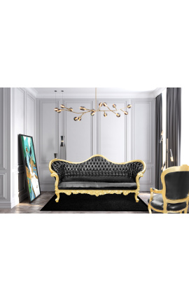Baroque Napoleon III sofa black false skin leather and gold wood