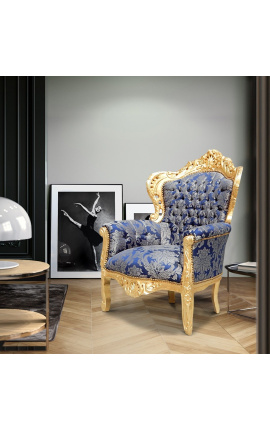 Bbig baroque style armchair blue &quot;Gobelins&quot; fabric and gold wood