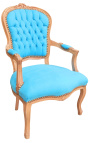 Luija XV stila tirkīza samta krēsls dabīgā koka krāsā