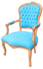 Fauteuil in turquoise fluweel in Lodewijk XV-stijl en natuurlijke houtkleur