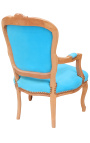 Fauteuil in turquoise fluweel in Lodewijk XV-stijl en natuurlijke houtkleur