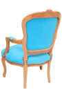 Fauteuil in turquoise fluweel in Lodewijk XV-stijl en natuurlijke houtkleur