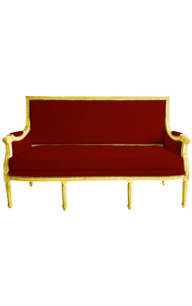 Sofa im Louis XVI-Stil mit burgunderfarbenem Samt und Goldholz