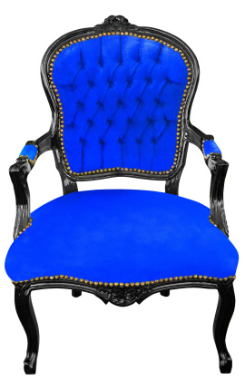 Barokowy fotel Ludwika XV z niebieskiego aksamitu i czarnego drewna