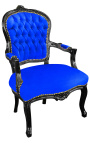 Baroque Louis XV armchair in blue velvet and black wood