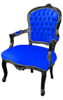 Baroque Louis XV armchair in blue velvet and black wood