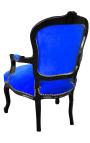 Barok Louis XV lænestol i blåt fløjl og sort træ