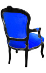 Barok Louis XV lænestol i blåt fløjl og sort træ