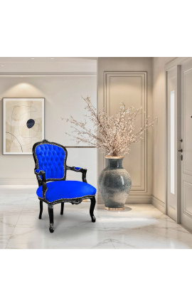 Barokke Louis XV fauteuil in blauw fluweel en zwart hout