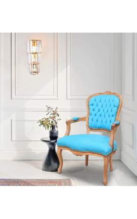 Armchair of Louis XV style turquoise velvet and natural wood color