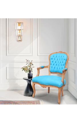 Fauteuil in turquoise fluweel in Lodewijk XV-stijl en natuurlijke houtkleur