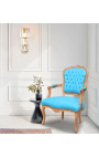 Fauteuil in turquoise fluweel in Lodewijk XV-stijl en natuurlijke houtkleur