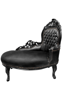 Barockschäe Longue Black Leatherette med Rhinestones och Svart trä