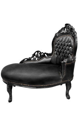 Barok chaise longue zwart kunstleer met strass steentjes en zwart hout