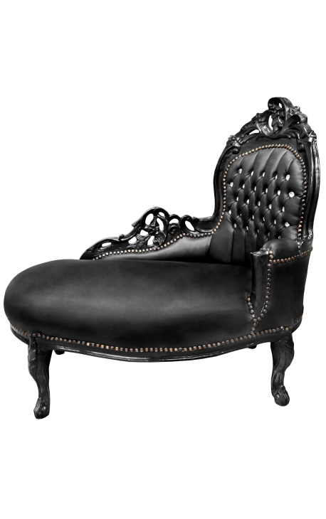 Méridienne baroque tissu simili cuir noir avec strass et bois noir