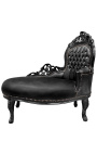 Méridienne baroque tissu simili cuir noir avec strass et bois noir