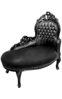 Méridienne baroque tissu simili cuir noir avec strass et bois noir