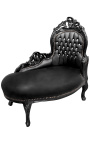 Baroque chaise longue black leatherette with rhinestones and black wood