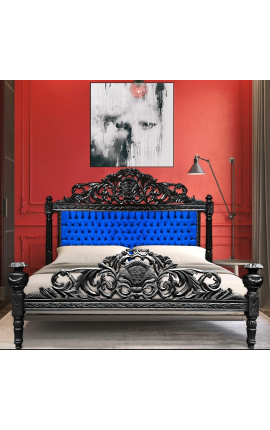 Cama barroca em tecido veludo azul e madeira lacada a preto