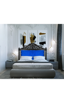 Wezgłowie łóżka w stylu barokowym niebieski aksamit i drewno lakierowane na czarno.