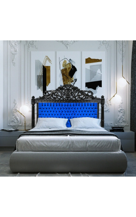 Barockes Bettkopfteil aus blauem Samt und schwarz lackiertem Holz.
