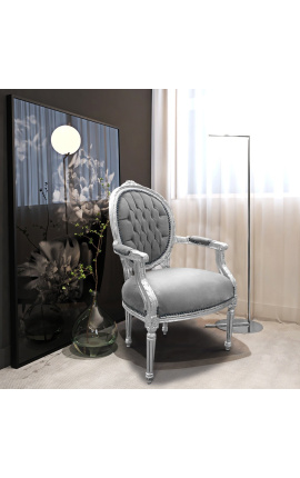 Baroque armchair Louis XVI style grey velvet and silvered wood