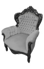 Grand fauteuil de style baroque tissu velours gris et bois noir mat