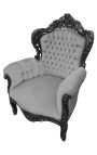 Duży fotel w stylu barokowym z szarej aksamitnej tkaniny i czarnego drewna