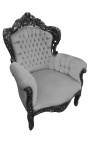 Duży fotel w stylu barokowym z szarej aksamitnej tkaniny i czarnego drewna