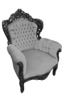 Grand fauteuil de style baroque tissu velours gris et bois noir mat