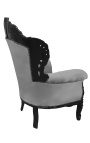 Grand fauteuil de style baroque tissu velours gris et bois noir mat