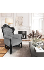 Grand fauteuil de style baroque tissu velours gris et bois noir mat