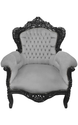 Gran sillón estilo barroco tela de terciopelo gris y madera negra mate