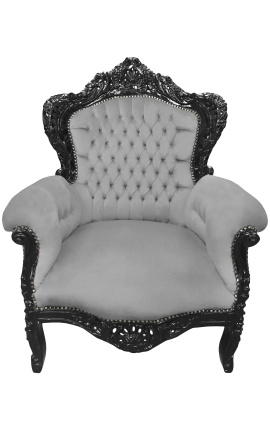 Velika barokna fotelja od sive baršunaste tkanine i crnog mat drva