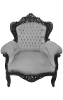 Gran sillón estilo barroco tela de terciopelo gris y madera negra
