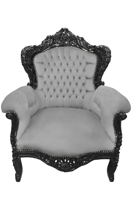 Grand fauteuil de style baroque tissu velours gris et bois noir mat