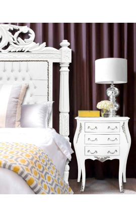 Mesa de cabeceira (cabeceira) cómoda barroca lacada a branco com bronzes prateados e 3 gavetas